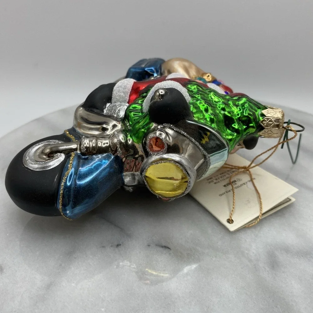 Kurt Adler Santa on Motorcycle Glass Christmas Ornament Blue Silver Red